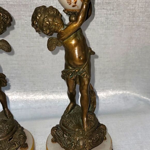 Pair Of Vintage Beautiful Bronze Signed Asian Cherub Sculptures - Picture 4 of 15